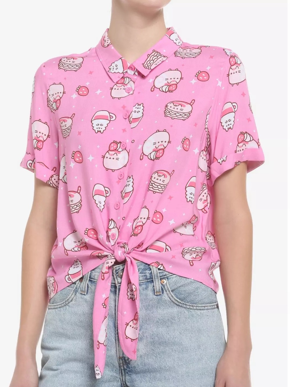 Pusheen Pink Sweets Tie-Front Shirt large button front